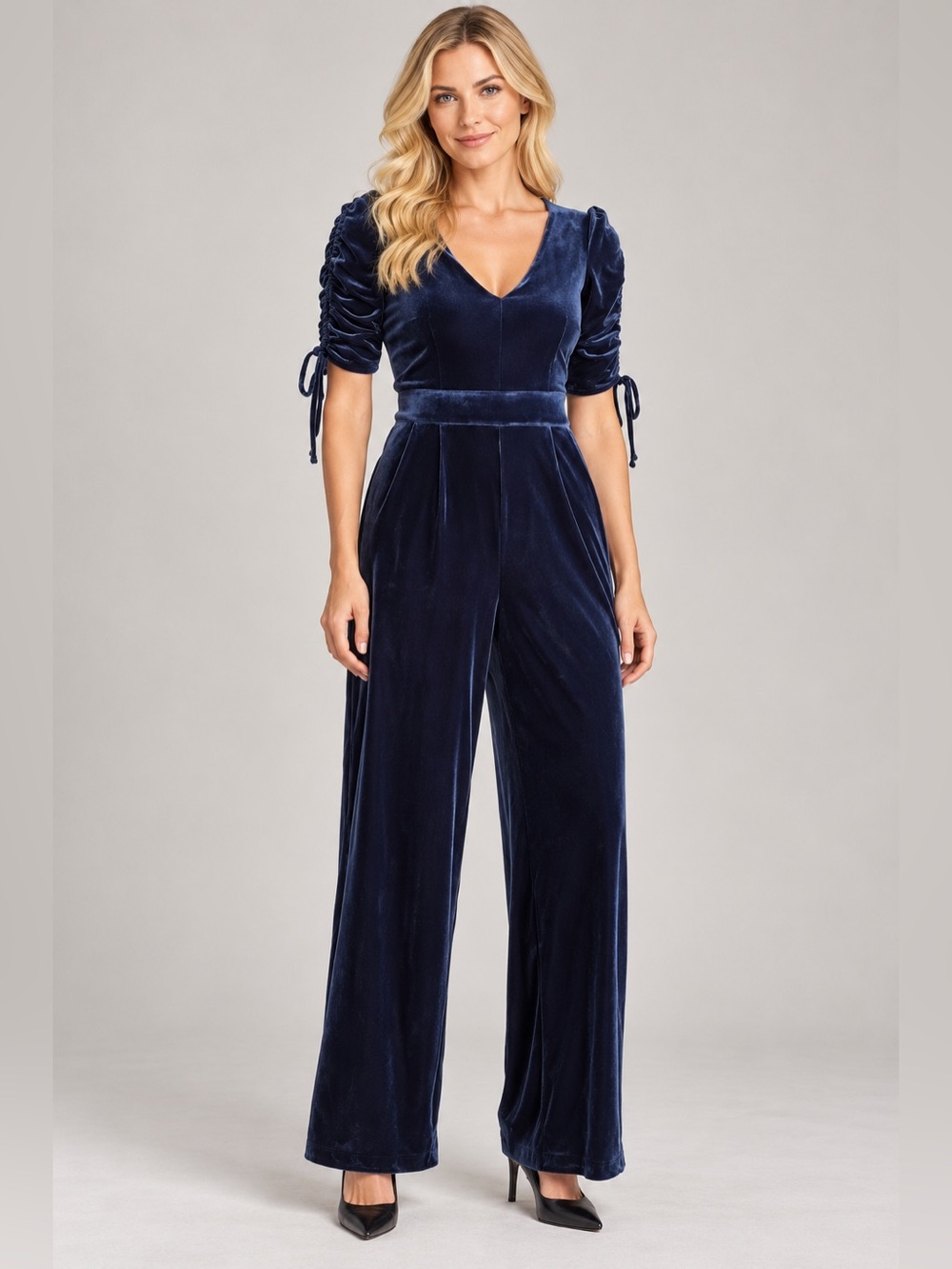 Eliza J Navy Velvet V-Neck Wide-Leg Jumpsuit